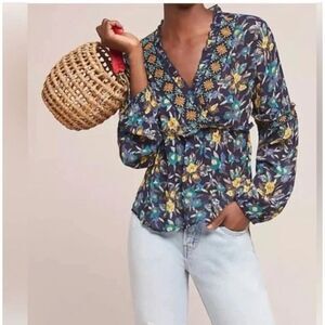 MEADOW RUE anthropologie sheer top long sleeve blue sz xs